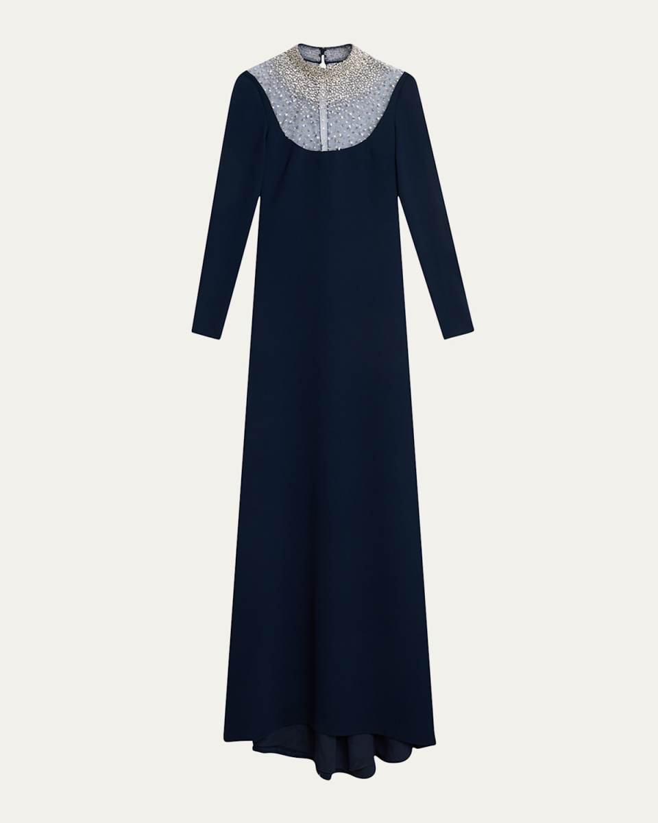 Crystal Beaded Crepe Long-Sleeve Illusion Gown